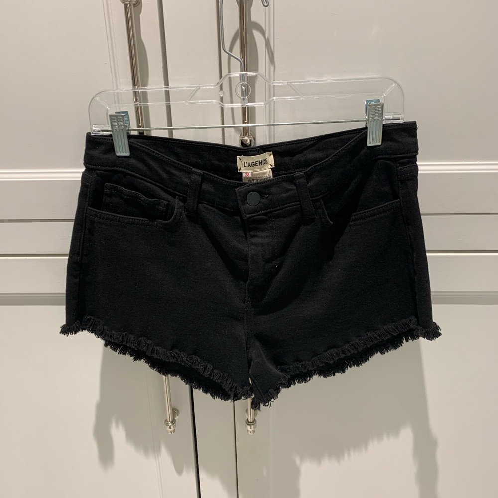L’AGENCE frayed denim shorts
